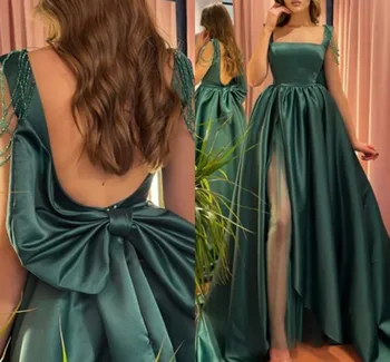 Зелен-линия за жени на бала вечерни рокли 2023-образно деколте на гърба пискюл намаляване на сатенени вечерни рокли роба де вечер