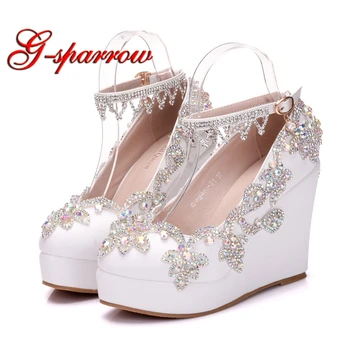 Ръчно прекрасна Crystal Ab цвят на бели сватбени обувки на високи токчета клинове висок ток на партида, за обувки с джапанки на пряжках помпи