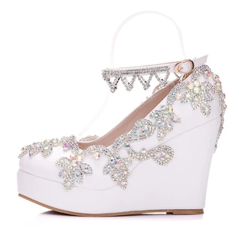 Ръчно прекрасна Crystal Ab цвят на бели сватбени обувки на високи токчета клинове висок ток на партида, за обувки с джапанки на пряжках помпи Изображение 2