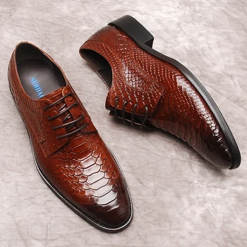 Мъжки модел обувки с крокодиловым модел, мъжки Oxfords от естествена Кожа, черни, Бордо сватбени и вечерни обувки Дантела с Квадратни пръсти, мъжки