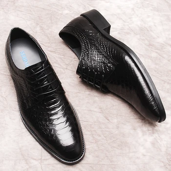 Мъжки модел обувки с крокодиловым модел, мъжки Oxfords от естествена Кожа, черни, Бордо сватбени и вечерни обувки Дантела с Квадратни пръсти, мъжки Изображение 2