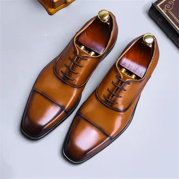 Мъжки бизнес офис модела обувки От естествена Кожа, официални обувки-oxfords с остри Пръсти, Дантела, черни кожени Обувки За Сватбени Партита Изображение 2
