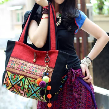 ГОРЕЩА Брандираната черна холщовая чанта с бродирани, за жени, модни ежедневна чанта през рамо дамски чанти Изображение 2