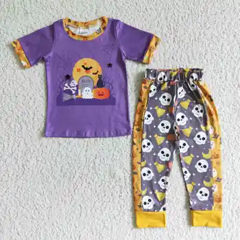 Продажба на едро, детски костюм за Хелоуин, малко сладко момиче, призрак, лилаво топ, панталони с волани, комплекти от 2 теми Изображение 2