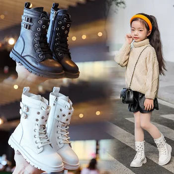 Обувки от естествена кожа за момичета, непромокаеми зимни обувки, Къси ботуши, Голяма детски обувки, Черни Къси ботуши, Английска кожени обувки за момичета Изображение 2