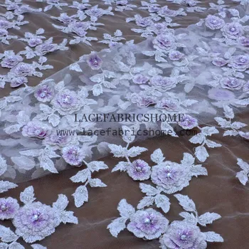 Нова мода лилаво разход на бял 3D перли, бродерия на цветя от мъниста на тюлевое сватбена рокля/сценичното рокля лейси плат 130 см в двора