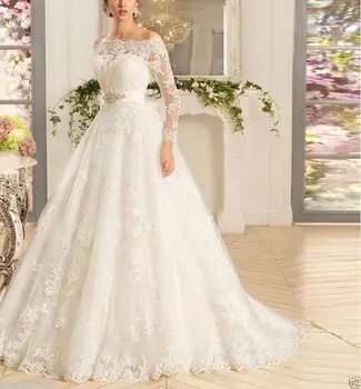 Сватбена рокля Бяло Дантелено на булката рокля с дълъг ръкав цвят на слонова кост, без презрамки Дантелено сватбена рокля в наличност: 6-8-10-12-14-16-18 +