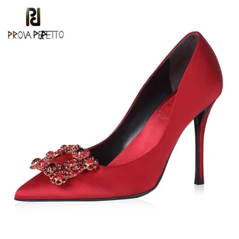 Сватбени женски обувки за младоженци 2021 г., Нови Червени Сатенени Сватбени обувки С Кристали и Квадратна Катарама, Сватбени Обувки на Висок Ток-висок ток с отворени Пръсти