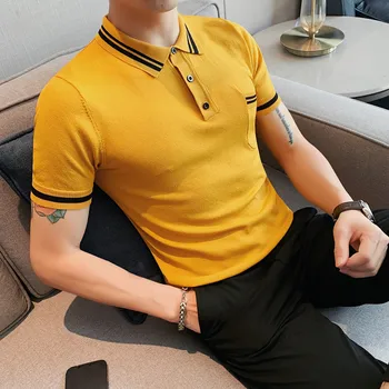 Брандираната мъжка риза Поло с къс ръкав, Мъжки лятна ежедневни тънка трикотажная ежедневни однотонная тениска с ревери / корея, модни дрехи, ризи поло