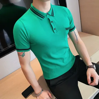 Брандираната мъжка риза Поло с къс ръкав, Мъжки лятна ежедневни тънка трикотажная ежедневни однотонная тениска с ревери / корея, модни дрехи, ризи поло Изображение 2