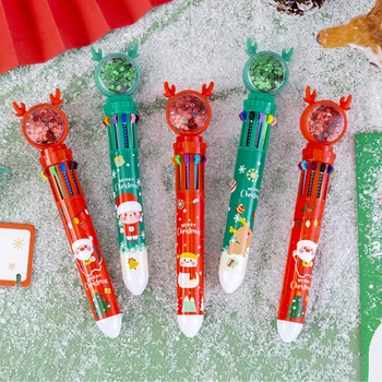 1БР Коледа Творчеството 10 Цвята Химикалки Коледни Канцеларски Маслени Дръжки Натиснете Цветни Химикалки Студентски Подарък