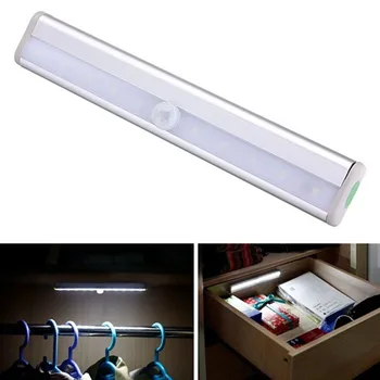 2 броя Безжични Движение PIR Сензор лека нощ 10 LED AAA батерия хранене Шкаф Лампа с Магнитна Пръчка Топло/бяла светлина избор Изображение 2
