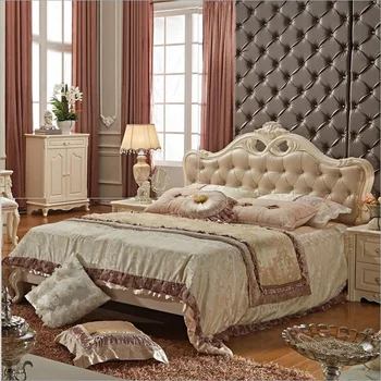 модерна европейска легло от масивно дърво Модни Резбовани кожена френски мебели за спалня 10237