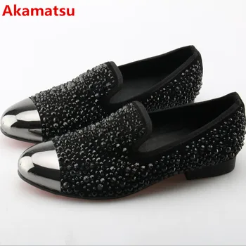 Akamatsu/мъжки кожени модела обувки със златни пръсти, луксозни черни лоферы с кристали, червените булчински обувки-oxfords, официалната мъжки обувки