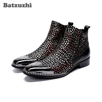 Batzuzhi/Мъжки Ръчно изработени обувки, Обувки с остър железен пръсти, Цветни кожени Модела Ботильоны, мъжки официални вечерни и сватбени обувки, мъжки обувки