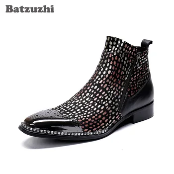 Batzuzhi/Мъжки Ръчно изработени обувки, Обувки с остър железен пръсти, Цветни кожени Модела Ботильоны, мъжки официални вечерни и сватбени обувки, мъжки обувки Изображение 2