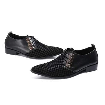 Мъжки модел обувки-Oxfords от естествена кожа в стил мозайка с остри пръсти, дантела, Черни Летни мъжки Ежедневни кожени обувки