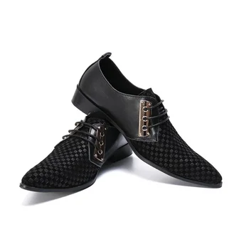 Мъжки модел обувки-Oxfords от естествена кожа в стил мозайка с остри пръсти, дантела, Черни Летни мъжки Ежедневни кожени обувки Изображение 2