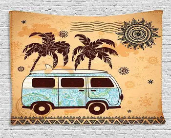 Хавайски Гоблен Ретро Дървета Стар Микробус с Абстрактен Дизайн на Слънцето Плажната Дъска За Сърф Широка Стенни