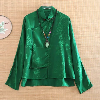 Отличен пролетно-лятна жаккардовая Коприна Блуза Памучен в китайски стил, Дамска Мода Елегантни Свободна Женска Риза, Отгоре S-XXL