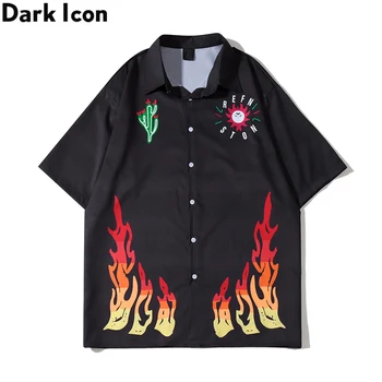 Тъмната Мъжка Риза с Принтом Пламък Icon С Къс Ръкав, Летни Ризи с Копчета, Мъжка Блуза
