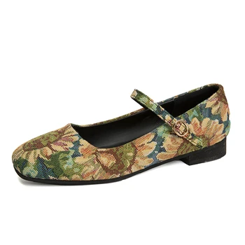 Дамски обувки Пролет-есен стилна тъканно обувки с шарени и флорални рокли, модни фини обувки на плоска подметка с голям размер