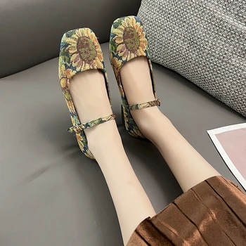 Дамски обувки Пролет-есен стилна тъканно обувки с шарени и флорални рокли, модни фини обувки на плоска подметка с голям размер Изображение 2