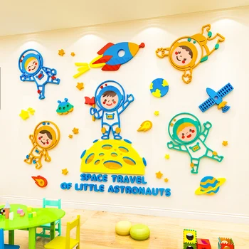 Карикатура космически астронавт на самозалепващи 3D акрилни стикер на стената за Декорация на детска стая Детска градина е страхотна фонова стикер за стена