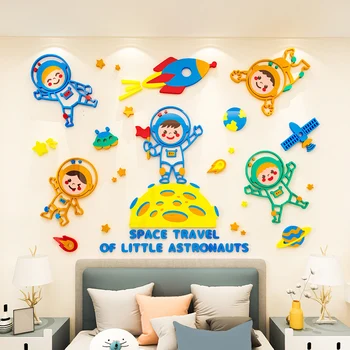 Карикатура космически астронавт на самозалепващи 3D акрилни стикер на стената за Декорация на детска стая Детска градина е страхотна фонова стикер за стена Изображение 2