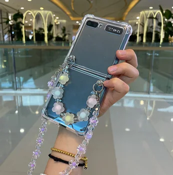 Модни Красива Два Кристални Цвете Гривна Ръчно Верига Калъф За Samsung Galaxy Z Флип 5G устойчив на удари Прозрачен Калъф Изображение 2