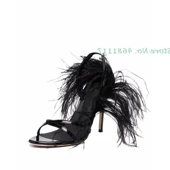 Пикантни черни дамски сандали с пера На токчета, елегантни вечерни Сандали за Плевене, 2022, Ежедневни Сандали на тънките токчета, дамски летни обувки