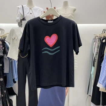 Корея dongdamen обикновен летен нов дамски свободен и универсален пуловер с кръгло деколте и Принтом Любов 2022, тениска с къс ръкав