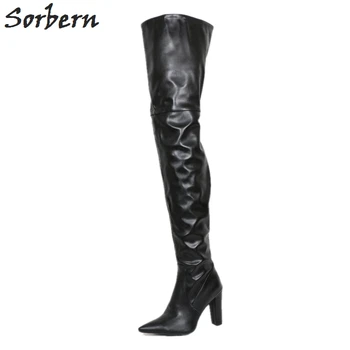 Sorbern/Модни Черни Ботфорты над коляното, За жени На блок ток с Високо остър пръсти, Нестандартна Дължина по Голенищу, Ширина, Обувки на масивна Ток