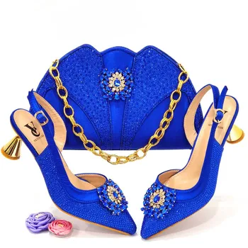 doershow/ модни дамски обувки и комплект с чанта, Италия, италианските обувки син цвят и комплект с чанта в тон, украсени с кристали! СРЕ1-7