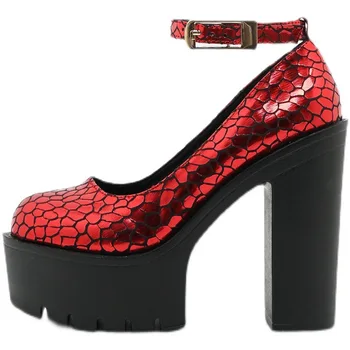 Дамски елегантни обувки на висок ток, изкуствена кожа червен на цвят, с змеиным модел, катарама, Кръгла пръсти, дебела подметка, Модни универсална дамски обувки за банкет KC191