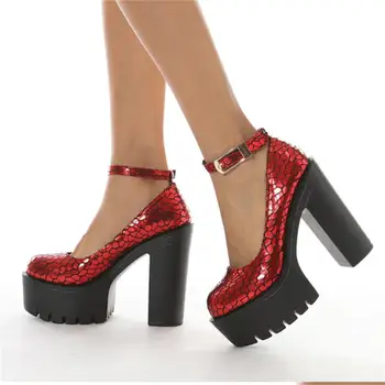 Дамски елегантни обувки на висок ток, изкуствена кожа червен на цвят, с змеиным модел, катарама, Кръгла пръсти, дебела подметка, Модни универсална дамски обувки за банкет KC191 Изображение 2