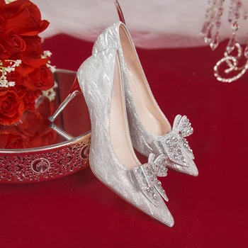 Дамски обувки на висок ток-висок ток с остър пръсти, модни дамски обувки, сватбени обувки на висок ток 8 см, прозрачен лък, скъпоценен камък