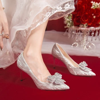 Дамски обувки на висок ток-висок ток с остър пръсти, модни дамски обувки, сватбени обувки на висок ток 8 см, прозрачен лък, скъпоценен камък Изображение 2