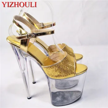 Злато фаза 20 см кристални обувки, прозрачни супер дебели непромокаеми декоративни сандали на платформа