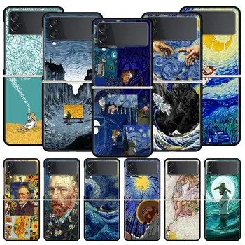 Художествени Естетически Ван Гог Звезден Калъф за Телефон Samsung Galaxy Z Флип 3 4 5 ГРАМА Черен Сгъваем Мобилен Корпус Твърд Калъф за PC Защитно покритие