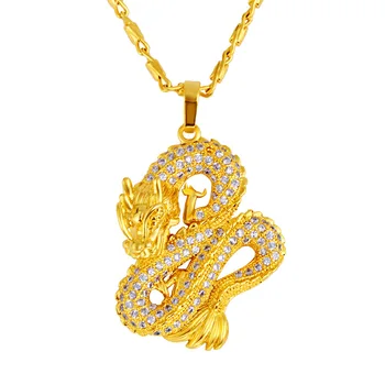 Blingbling Дракон Дизайн Висулка Верига Проправи Цирконий Жълто Злато Filleld Класически Мъжки Медальон Верижки И Колиета Подарък
