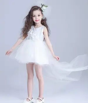 Детски рокли за момичета от 3 до 14 години, на Новост 2017 година, Дизайнерски Рокли с цветя модел за Момичета на Сватба, детско Празнично облекло за Рожден Ден, рокля с дълга опашка