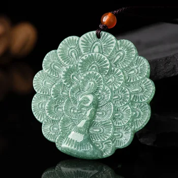 Натурален Jadeite Нефритови Китайски Ръчно Изработени Паун Висулка Колие