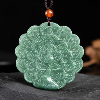 Натурален Jadeite Нефритови Китайски Ръчно Изработени Паун Висулка Колие Изображение 2