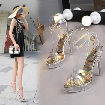 Женските сватбени обувки, летни гумени сандали от цветно стъкло, дамски сандали на висок ток 12 см., обувки за нощен клуб на платформа от стоманени тръби