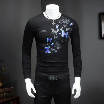 Креативна цветна модна тениска с дълги ръкави и принтом пеперуди, Есента на 2018 г., висококачествен памучен бутиков тениска мъжка M-5XL