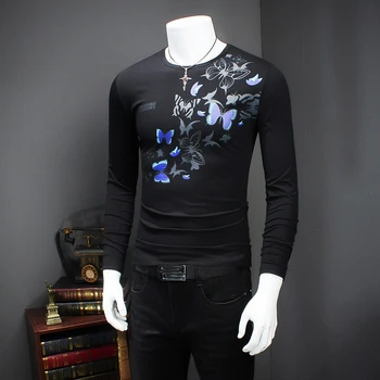 Креативна цветна модна тениска с дълги ръкави и принтом пеперуди, Есента на 2018 г., висококачествен памучен бутиков тениска мъжка M-5XL Изображение 2