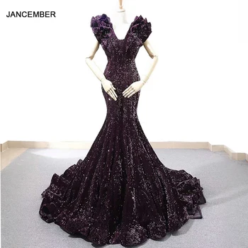 J66736 jancember лилава вечерна рокля с русалочкой, v-образно деколте, специална шапка, ръкави-тръба, дълга рокля, вечерна рокля, vestido de noiva sereia