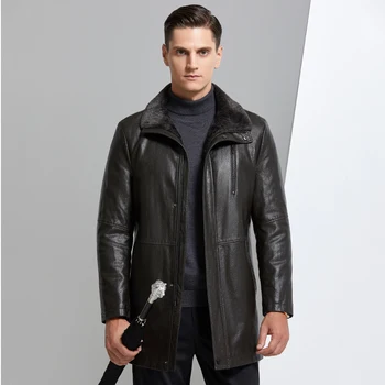 2020 Нова Зимно мъжко яке с кожа яка, Топли Кожени Якета за Мъже, Улично Бизнес Зимно мъжко палто със средна дължина, M-4XL