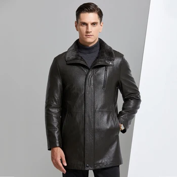 2020 Нова Зимно мъжко яке с кожа яка, Топли Кожени Якета за Мъже, Улично Бизнес Зимно мъжко палто със средна дължина, M-4XL Изображение 2